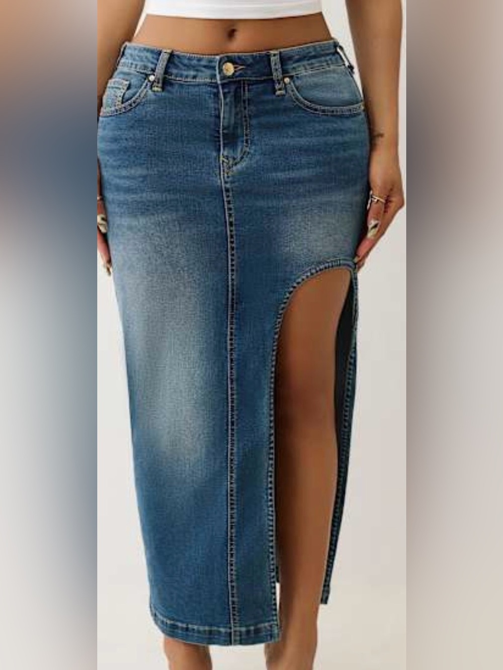 True Religion Denim Midi Skirt Size 29 Side Cutout Slit Y2K Blue Wash